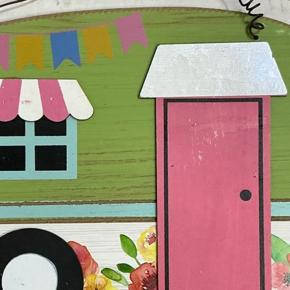 Camper Welcome Sign Colorful Wall Decor Retro Green Pink